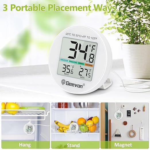 Geevon Refrigerator Thermometer 2 Pack IP65 Waterproof, with External Sensor, Fridge Temperature Monitor for Home Commercial, with LCD Screen, Stand and Magnetic Back, for Refrigerator, Freezer scenes