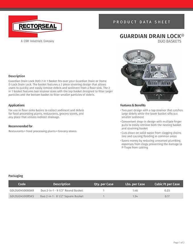 RectorSeal Guardian Drain Lock GDLDUO4500BSKS Duo 2-in-1 Basket Square Commercial Floor Sink Strainer, 8.5 Inch