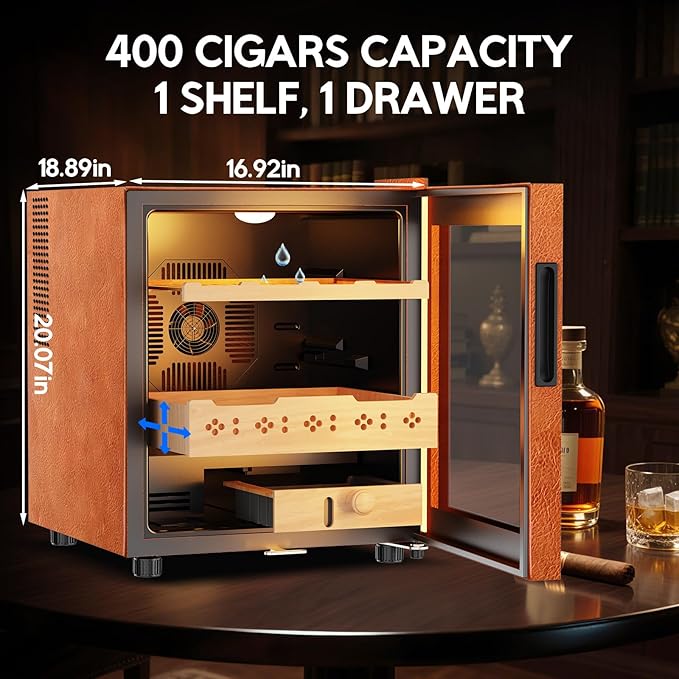 Tylza Leather Trim Cigar Humidor, 50L Cigar Humidor Cabinet with Auto Humidity & Temp Control, 400 Counts, 3 LED Lights, Spanish Cedar Wood, Cigar Humidors with Safety Lock, Gifts for Men