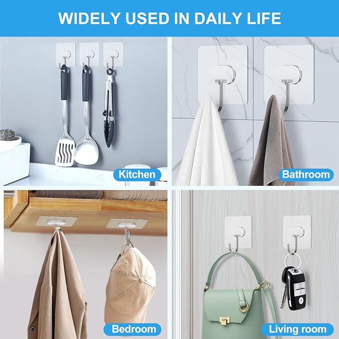 Adhesive Wall Hooks No Drill Large Clear Heavy Duty, 13LB Sticky 8 Pack | Large - Image 4