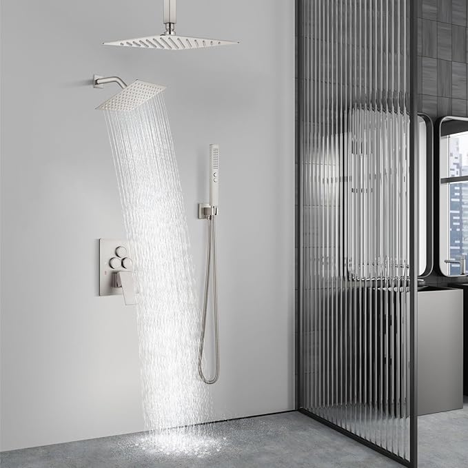 Aolemi Shower Faucet Set Ceiling Mount Shower System Rough-in Valve and Shower Trim Kit 2 in 1 Handheld Spray Push Button Diverter 10 and 6 Inch Dual Shower Head Brushed Nickel