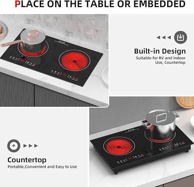2400w Electric Cooktop, 24" Electric Stove 2 Burner Hot Plate Built-in Double Burner Cooktop with LED Touch Screen,9 Heating 9 Temperature,Kids Lock & Timer,Suitable for all Pans