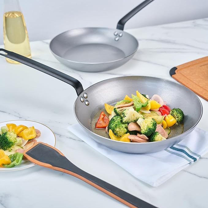 Restaurantware Met Lux 12 Inch Fry Pans, 6 No-Stick Frying Pans - Induction-Ready, Triple-Riveted, Silver Carbon Steel Cooking Skillets, Durable, For Searing, Sauteing, And Browning Food