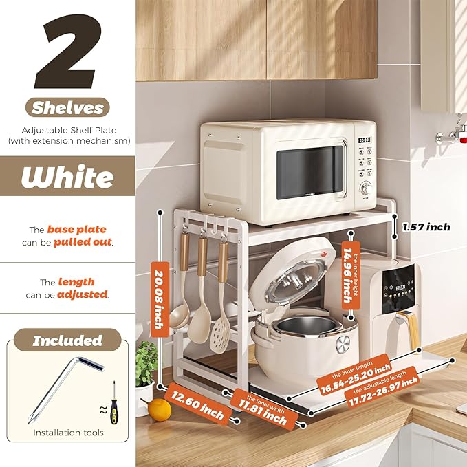 2-Tier Microwave Rack - Height Adjustable & Extendable Kitchen Shelf with Drawer - Carbon Steel - Includes Hooks & Reinforcement Suction Cups - Easy Assembly (White)