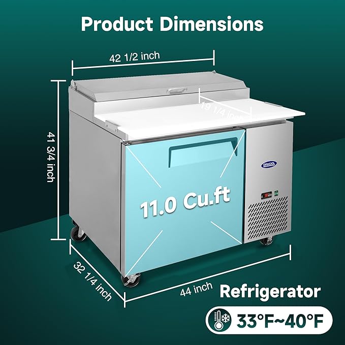 44" Commerical Pizza-Sandwich Prep Table Refrigerator - One Door Stainless Steel Refrigerator, 11 Cu.ft Capacity, Low Noise, Adjustable Shelves, Auto Defrost, Digital Temp Control