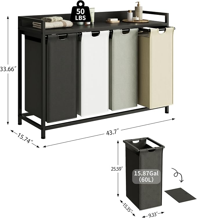 Herture Laundry Hamper with Shelf, Laundry Basket 4 Section, Laundry Sorter - Image 2