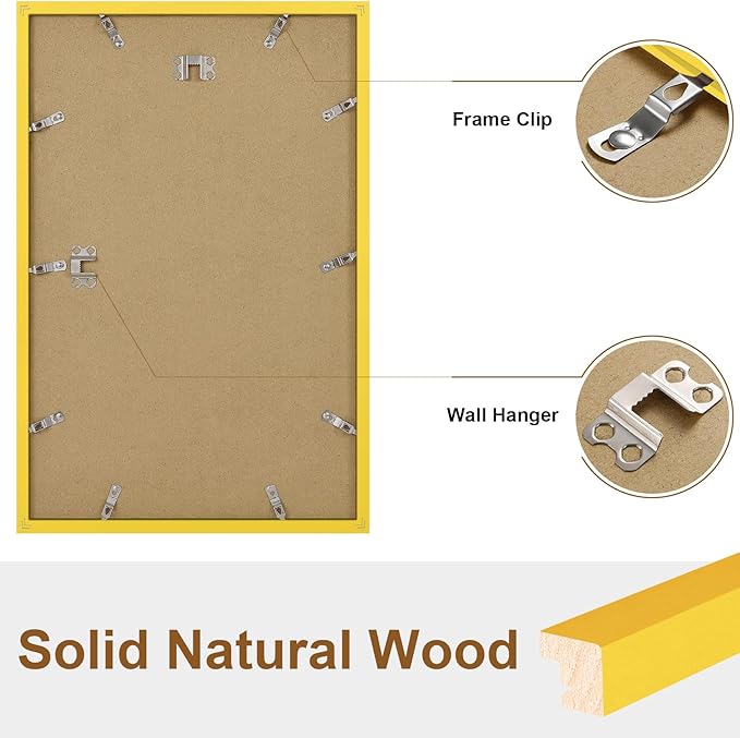 Vittanly 11x17 Picture Frame, Solid Wood Frame with Plexiglass, Includes 8x12 Mat, Wall Hanging for Photos, Home Decor, Yellow, 1 Pack
