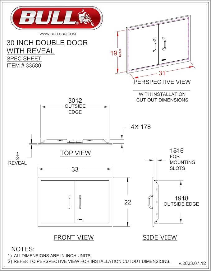 Bull Outdoor Products Premium Outdoor Kitchen Bundle – Angus 75,000 BTU Built-In Grill Head, Double Drawer with Reveal, 38" Double Doors, Single Side Burner, 304 Stainless Steel – LP