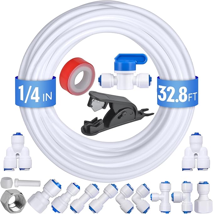 32.8ft Refrigerator Water Line Kit - Fridge Ice Maker Water Line Kit, 1/4" OD Tubing Water Line Kit with Quick Connect Fitting for Fridge Ice Maker Reverse Osmosis RO System Water Filter