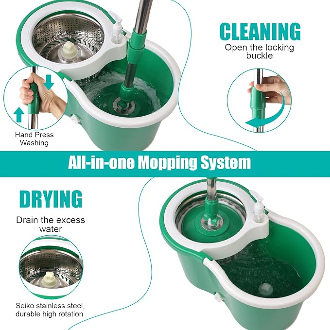 Spin Mop and Bucket with Wringer Set, 3 Microfiber Mop Heads - Image 4