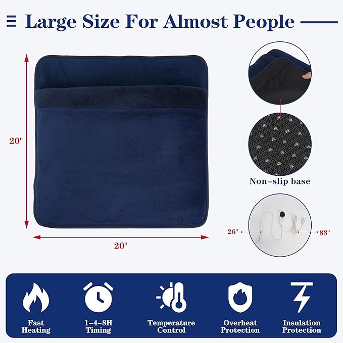 Double Sided Electric Foot Warmer with LCD Display, 6 Heat Settings & 3 Timer, Fast Heating Feet Heating Pad with Auto Shut Off, Non-Slip & Machine Washable Plush, Under Desk for Office/Home/Bed-Navy