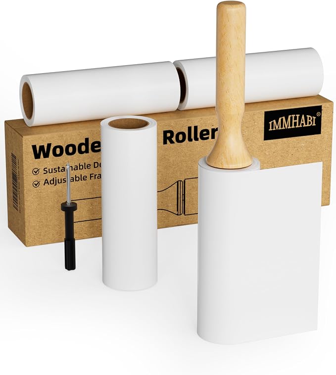 Flat Tear Lint Roller with Wooden Handle- 6.3 Inch Refills, 4 Rolls x 90 Sheets by IMMHABI