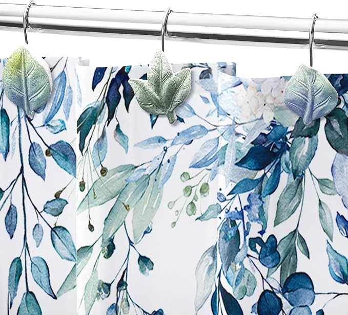 Blue Plant Leaf Shower Curtain Hooks, Eucalyptus Bathroom Decor, Metal Rustproof - Image 5