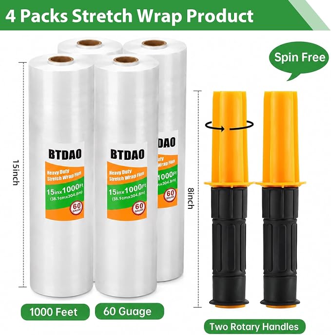 4 Rolls Stretch Wrap 15"x1000 Feet Stretch Film Shrink Wrap Packing Moving - Image 2