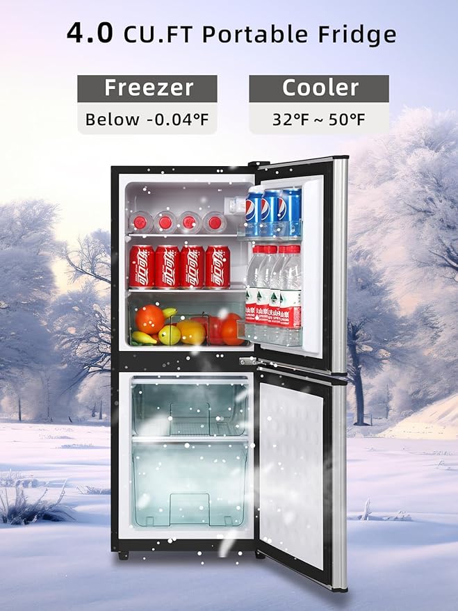 4.0 Cu.Ft Refrigerator with Freezer, 2 Doors Fridge with Adjustable Thermostat Control, Refrigerator for Kitchen, Dorm, Apartment, Garage, Office, Silver