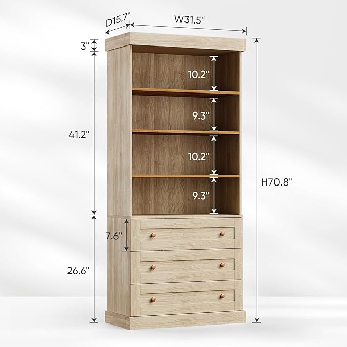 Vyre 71" Tall Farmhouse Kitchen Pantry, Set of 3 Large Storage Cabinets with 3 Drawers & Adjustable Shelves, Versatile Wood Hutch for Living Room & Dining Room, Brown