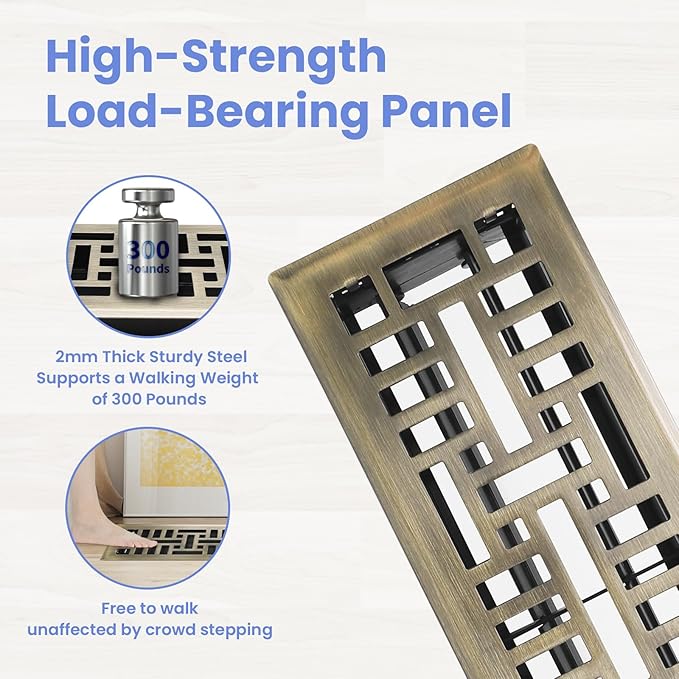 4x14 Inches 2 Pack Heavy Duty Walkable Floor Register Easy Adjust Air Supply Lever Floor Vents - Seattle Design - Vent Cover for Home Floor - Antique Brass