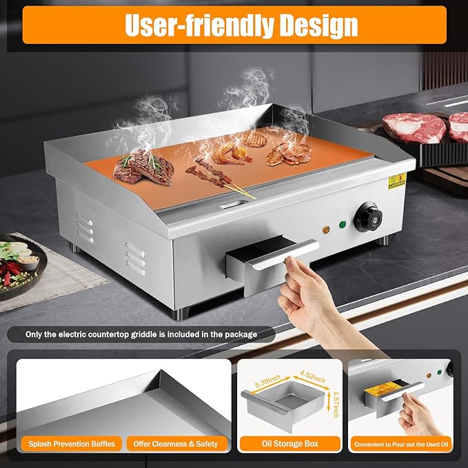 Electric Griddle, Electric Countertop Flat Top Griddle, 110V 3000W Stainless Steel Non-Stick Flat Top Grill, 122-572℉ Adjustable Temp Control for Restaurant Kitchen BBQ Pancake
