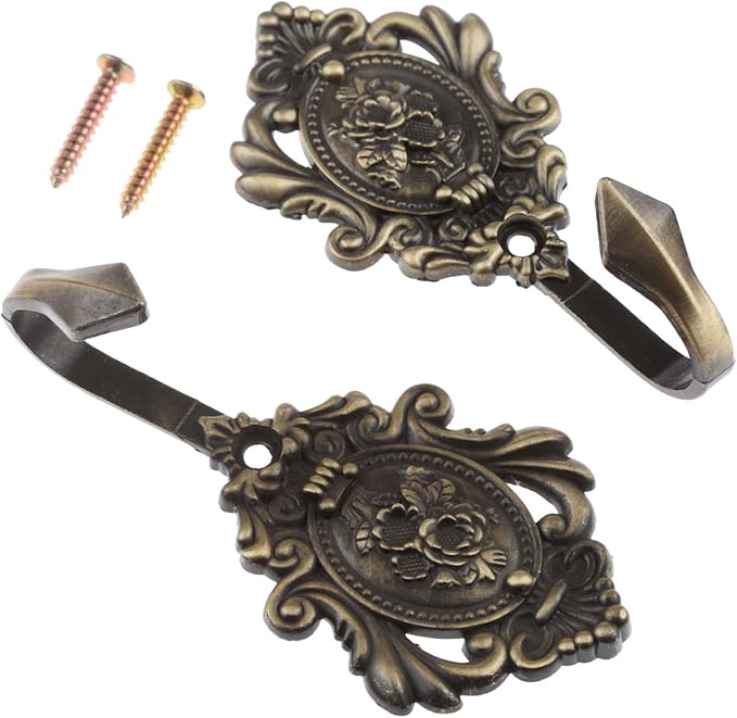 Curtain Tiebacks Small Lightweight Hooks, Vintage Bronze Rose Pattern, Includes - Image 2