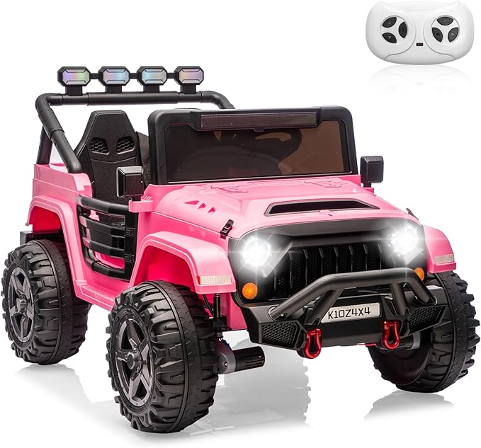 Kids 24V 2-Seater Electric Ride On Car, 4x4 Ride On Truck w/Remote Control, 4-Wheeler Suspension, 3 Speeds, Led Lights, Bluetooth, Ride on Car Toy for Kids Ages 3-8, Pink