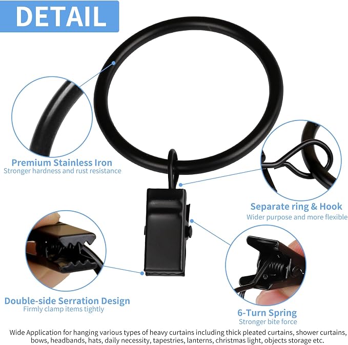 Curtain Rings with Clips, 44 Pack Metal Drapery Rings with Clips Hooks Hangers - Image 4