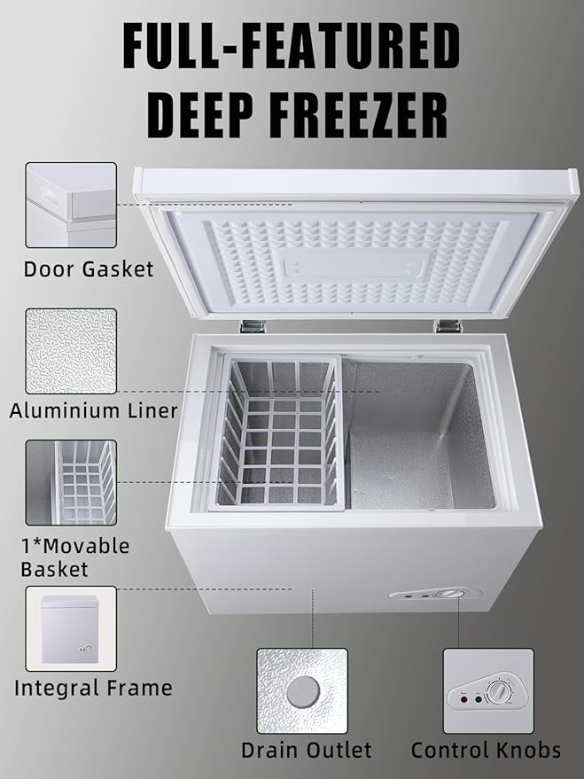 5.0 Cu.Ft Chest Freezer with 7 Gears Temperature Control(-16°F to -48°F), Deep Compact Freezer with a Removable Basket,for House, Kitchen, Garage, Basement, Shop, White, FLG-86Q