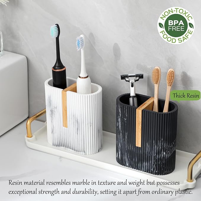 Toothbrush Holders for Bathroom, Bamboo Toothbrush Stand, Marble White | - Image 2