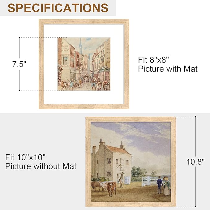 Vittanly 10x10 Picture Frame, Solid Wood Frame with Plexiglass, Includes 8x8 Mat, Wall Hanging or Tabletop for Photos, Home Decor, Natural, 1 Pack