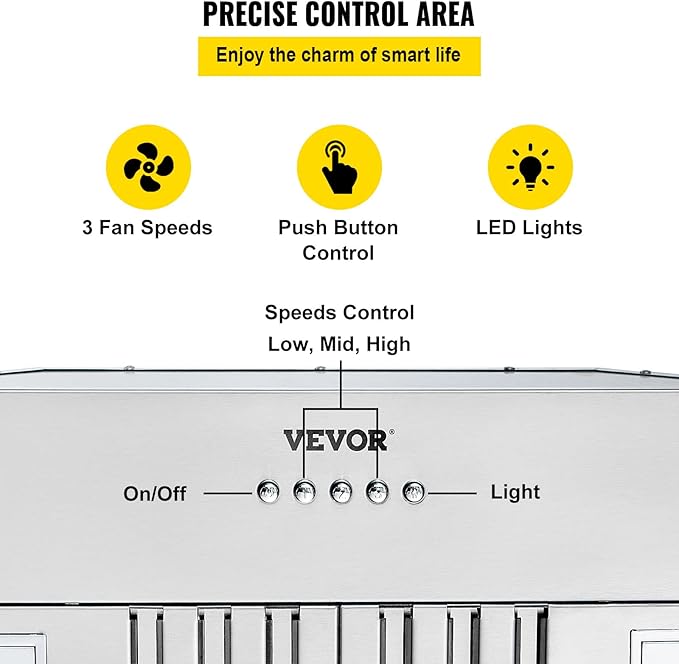 VEVOR Insert Range Hood, 800CFM 3-Speed, 27 Inch Stainless Steel Built-in Kitchen Vent with Push Button Control LED Lights Baffle Filters, Ducted/Ductless Convertible, ETL Listed…