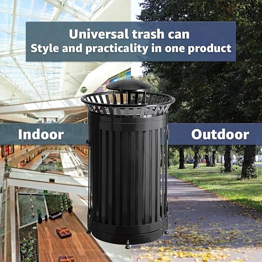 45 Gallon Black Trash Can with Lid and Door, Outdoor Heavy-Duty Commercial Waste Bin Steel Slatted, Round Recycle Container, Durable Garbage Can for Parks, Municipalities, Schools, Parking