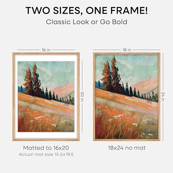 Homeforia 18x24 Poster Frame Wood, High End Natural Oak 18x24 Light Wooden Picture Frame with Mat 16x20, 18 by 24 Frames Matted to 16 x 20 Photo, 24by18 Thin Frames, Tempered Glass, Wall Kit, Set of 2