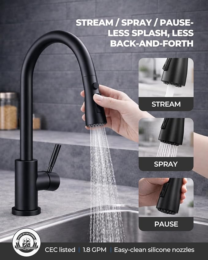 WEWE Pull-Down Kitchen Faucet, 3-Mode Sprayer, Matte Black | 360° Swivel - Image 7