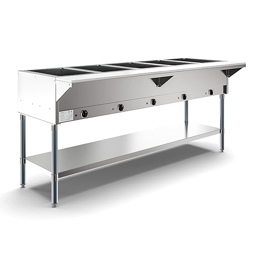 KoolMore 5-Pan Open Well Commercial Electric Stainless Steel Steam Table Food Warmer for Buffets with Undershelf, Warming Control Knobs, and Front Serving Area [240V] (KM-OWS-5), Silver