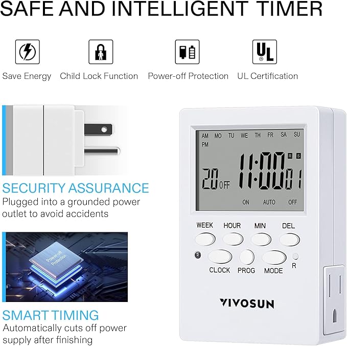 VIVOSUN 7 Day Programmable Digital Timer with Dual Outlet, 20 On/Off UL Listed Heavy Duty Plug-in Outlet Timer with Countdown Setting, Indoor for Lamp, Fan, Heater, Humidifiers, Aquarium (2 Pack)