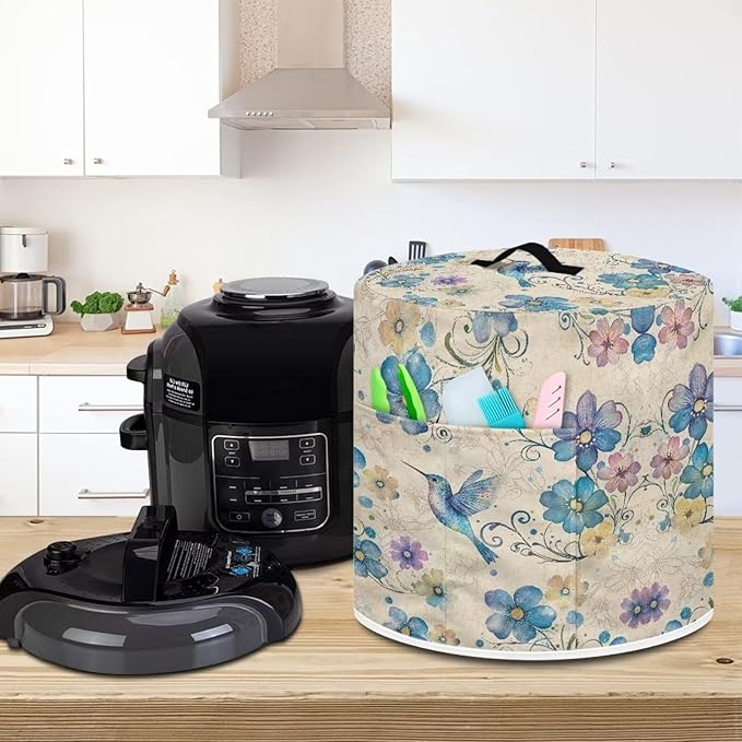 Xoenoiee Blue Hummingbird Floral Print Pressure Cooker Cover for Instant Pot, Kitchen Appliance Dust Cover with Pockets for Rice Cooker Air Fryer Slow Cooker, for 6 Qt Pot