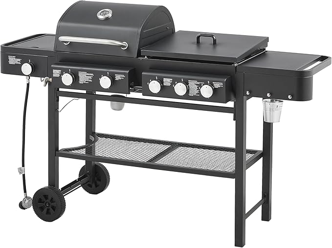5-Burner Propane Gas Grill with Grilling & Griddling Functions-751 Sq Inch Cooking Space,56000 BTU Output,3-in-1 Combo (Gas Grill + Flat Griddle + Side Burner),Easy-Clean Enamel-Coated Grates