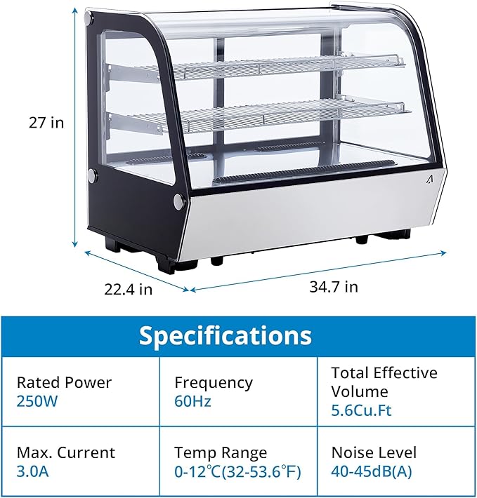 5.6 Cu.Ft Countertop Bakery Display Case – Double Glass Refrigerated, LED Lighting, Adjustable Shelves, Digital Temp Control, for Pastry, Cake, Sushi, 110V