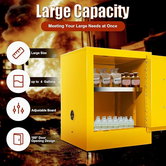 Safety Cabinet 4 Gallon Flammable Cabinet Explosion Proof Fireproof Hazardous Material Storage Box with Lock for Commercial Industrial and Home Use (Yellow, 17 * 17 * 22in)