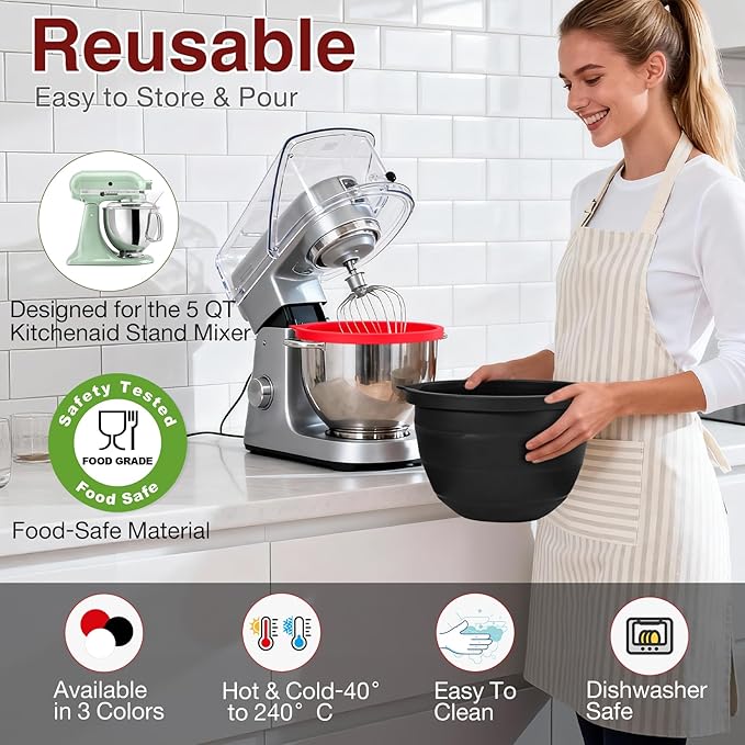 Silicone Bowl Liners for Kitchen,Silicone Liners Mixer for 5 Qt Tilt-Head KitchenAid Mixers,Mixer Bowl Accessories and Attachments with Lids,Red