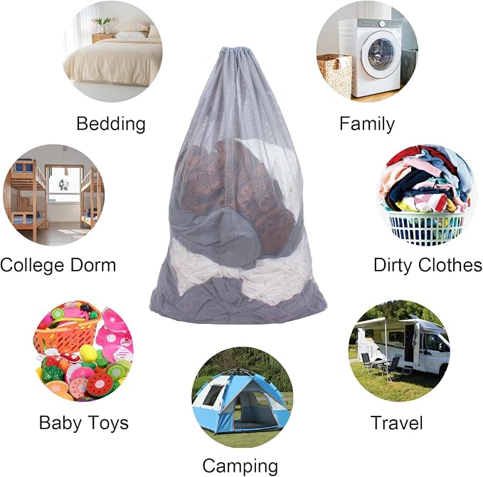 2 Pack Mesh Laundry Bags 24 x 36 Inches Drawstring Bag Grey - Image 3