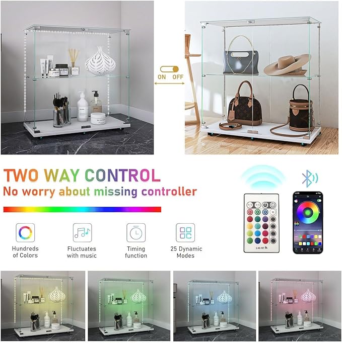 Yoluckea 2 Tiers Glass Display Cabinet with Bluetooth LED Light Strip, 2 Doors Floor Standing Curio Cabinet with Universal Wheel for Home, White Glass Bookshelf for Collections, Clear Top