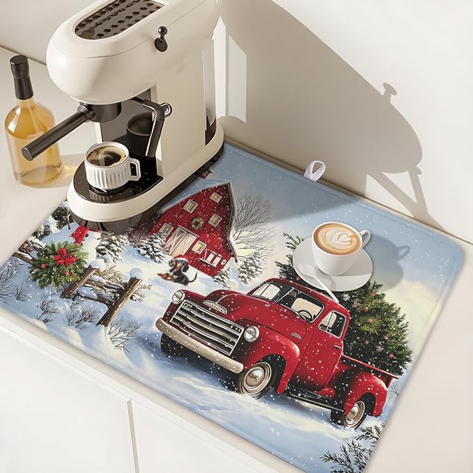 Giwawa Red Truck Dish Drying Mat Winter Xmas Tree Drainer Rack Pad 18"x24" - Image 7