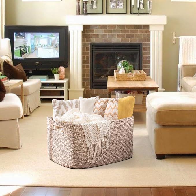 OIAHOMY 96L XXXLarge Blanket Basket Woven Cotton Rope Storage Basket Brown - Image 2