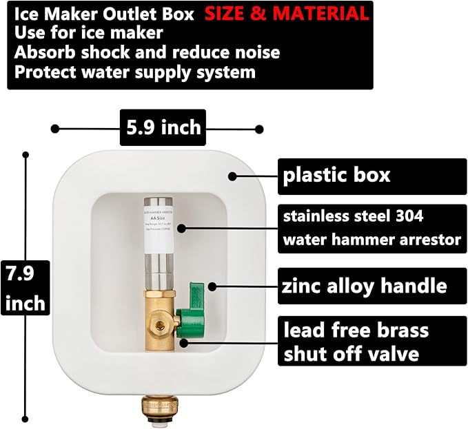 (1 Pack) Lidertik 1/2 inch Push-to-Connect Pre-Assembled Ice Maker Outlet Box Valve 1/4 inch Recessed Refrigerator Water Line Wall Box with Shut Off Valve and Stainless Steel Hammer Arrestor 611-LK