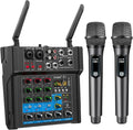 Aveek 150W x2 Powered Amplifier Audio Mixer,4 Channel with Dual Wireless Mic Sound Board Console MP3 Digital USB Bluetooth Computer Input 48V Phantom Power Stereo DJ Mixing for Karaoke Party