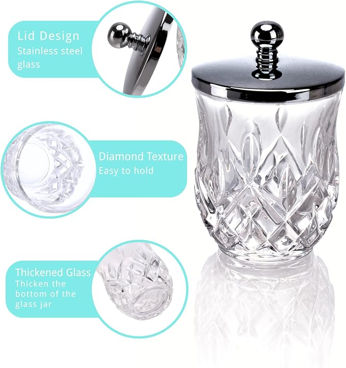 10Oz Clear Q-Tip Holder, Round Thick Glass & Metal Lid - Image 3