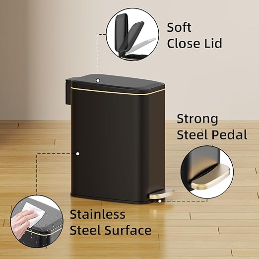 Small Bathroom Trash Can with Lid Soft Close, Step Pedal, 6L / 1.6 Gal Stainless Steel Garbage Bin with Removable Inner Bucket, Slim Wastebasket for Narrow Spaces (Black)