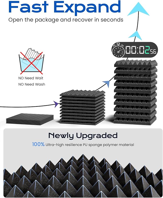 Sonicism Sound Proof Foam Panels for walls Self-Adhesive 16 Pack Pyramid 12" X 12" X 2" Acoustic Panels 35kg/m³High Density,Soundproof Wall Panels Fast Expand,Sound Absorption and Decoration,Black