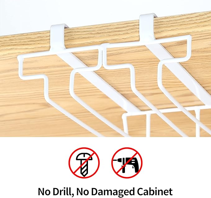 Wine Glass Rack Under Cabinet Drilling Free No Screw Steamware Holder Under Shelf Metal Wine Glasses Holders 304 Stainless Steel Hanger Storage Organizer Hanging Glass Fit for Bar Kitchen 4 Rows White