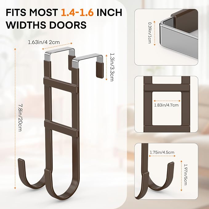 FYY Over the Door Hooks, Double-Hanger 2 Pack, Fits Doors 1.6" Brown | Heavy - Image 2